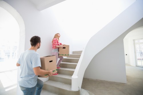 Packed office furniture and files ready for relocation