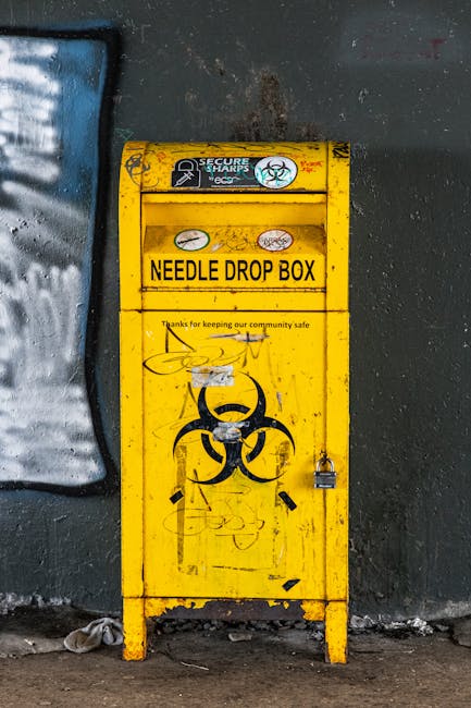 A yellow metal needle drop box with a biohazard symbol and a padlock at the base, positioned on a hard surface against a dark grey wall. The box has a slot labeled 'Needle Drop Box' and is marked with stickers, including one with the biohazard icon and another for secure disposal. The surrounding area includes a partially visible graffiti-covered surface on the left and scattered debris at the bottom, suggesting an urban environment. This container is used for disposing of hazardous waste, supporting safe disposal laws during home relocations or moving processes conducted by Man With a Van New Addington, especially when handling items requiring specialised disposal.